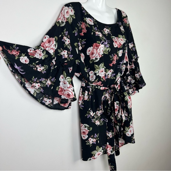 You + All Floral Top with Tie Black & Pink Flared Bell Sleeve Plus Size 20 - Picture 4 of 7